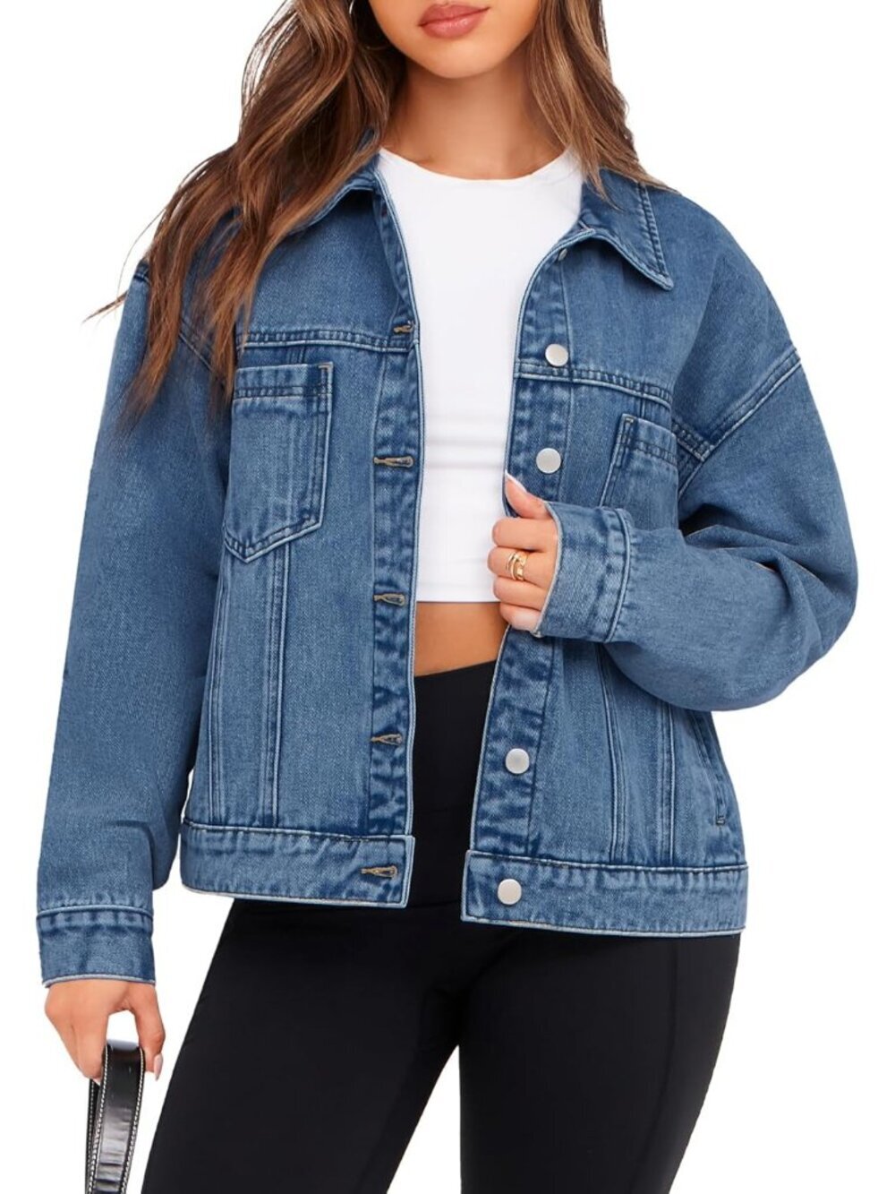 Women's Light Denim Oversized Jean Jacket Casual Long Sleeve Button Down Jacket